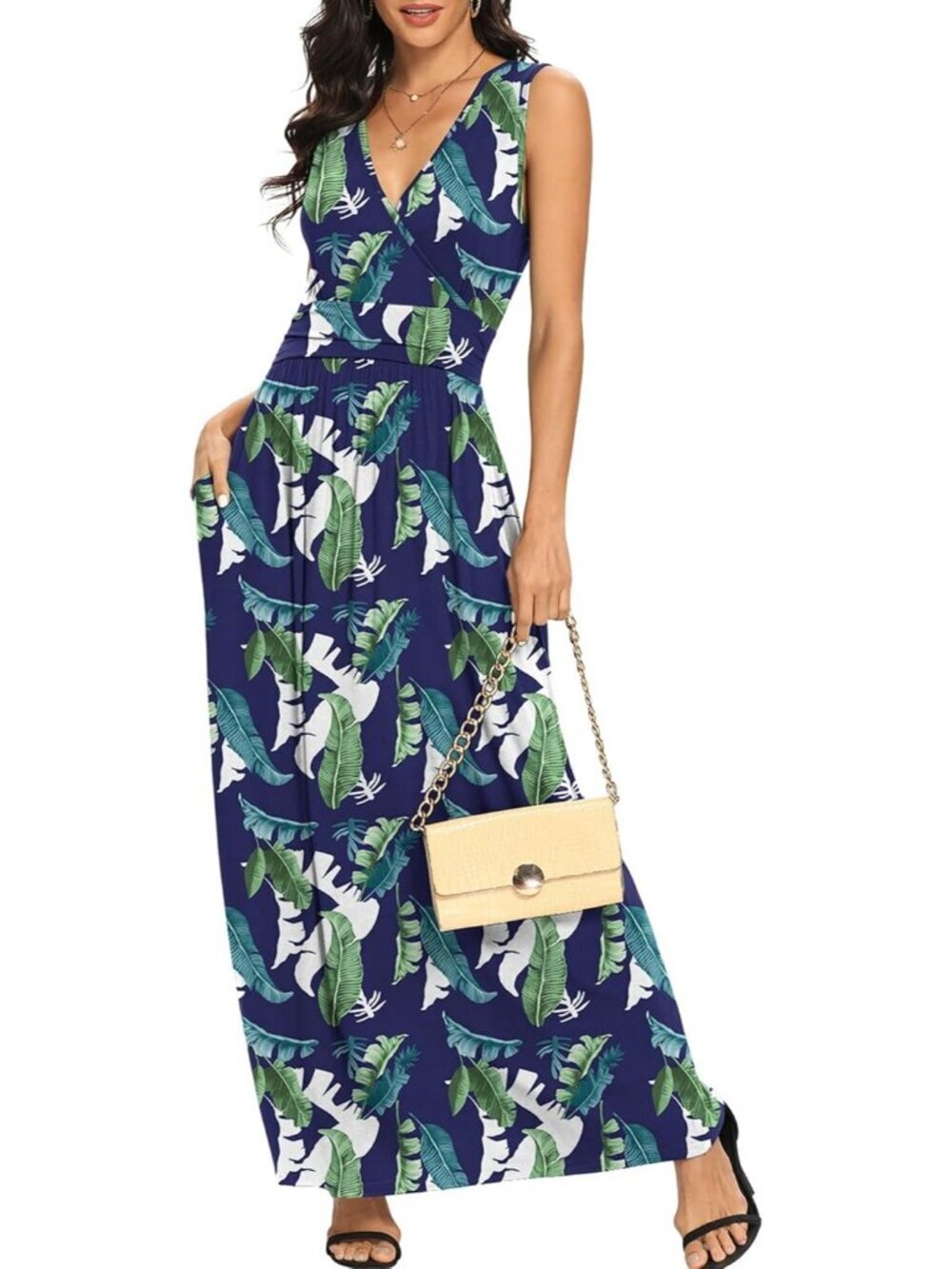 Lilbetter Women's Green Leave Blue Sleeveless Deep Loose Plain Maxi Casual Dress